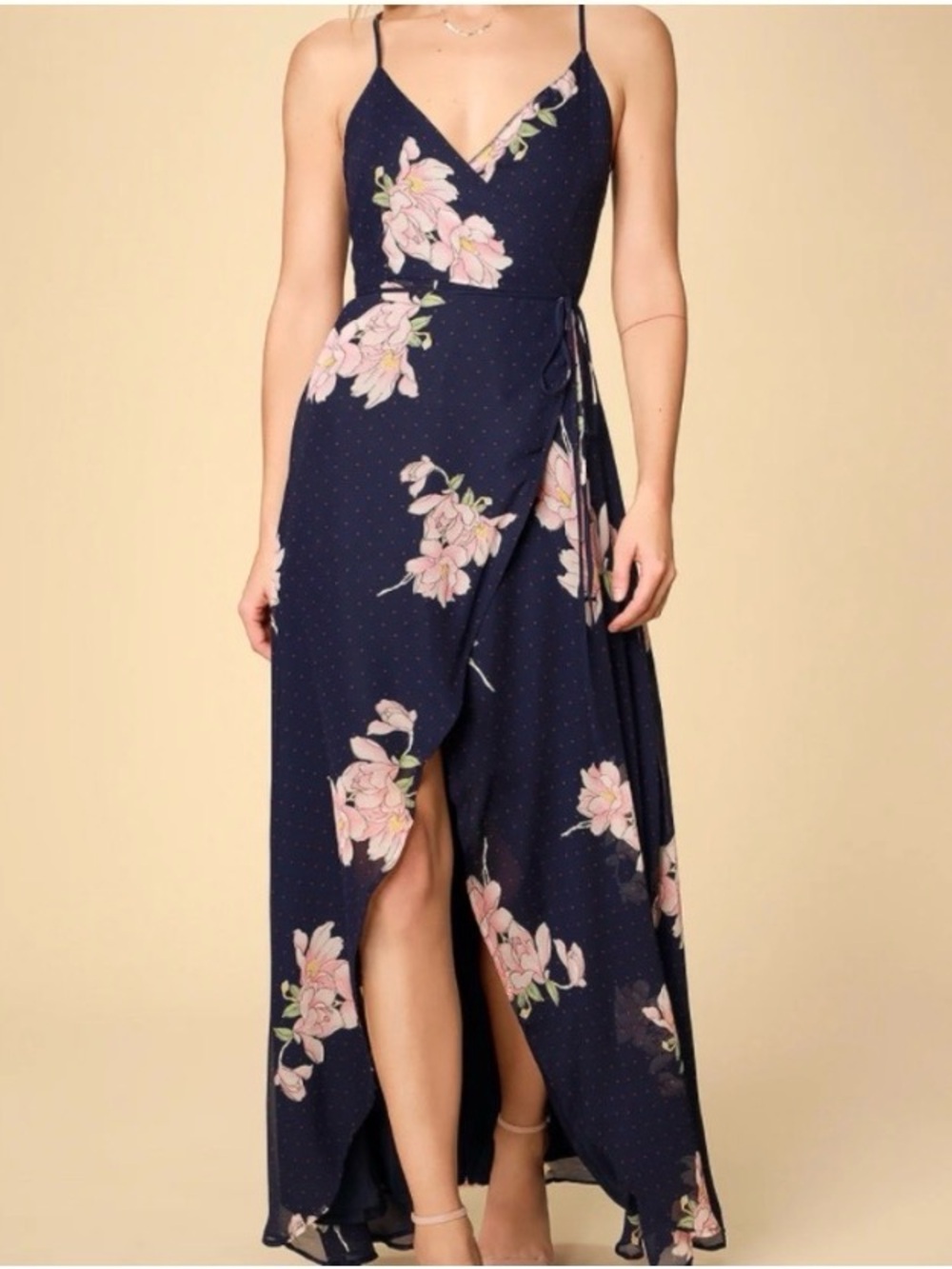 Lulu's Navy Floral Wrap Maxi Dress with Peach Blossoms